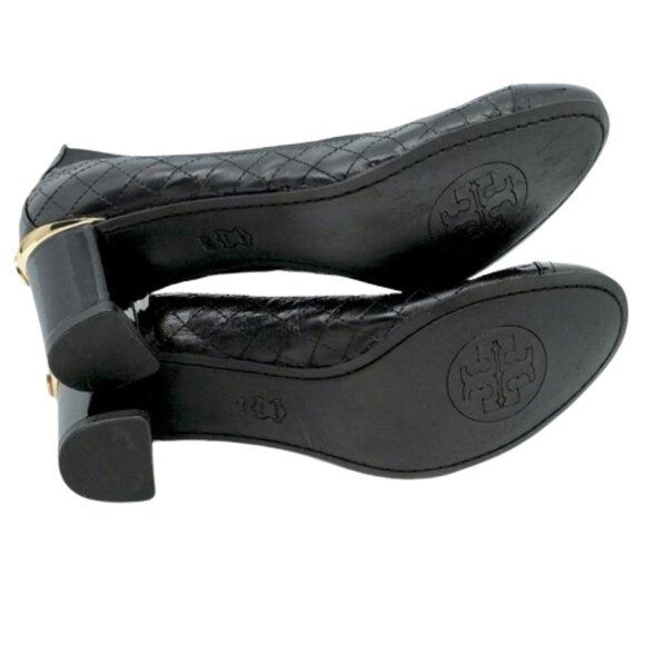 TORY BURCH~Carrie~QUILTED BLACK LEATHER CAP TOE PUMPS SHOES GOLD LOGO 10 - Picture 7 of 7